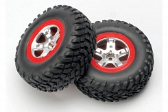 Tires &amp; wheels, assembled, glued (SCT satin chrome, red beadlock style wheels, SCT off-road tire